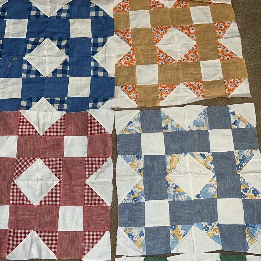 Lot 9 vintage handmade quilt squares blocks 14”